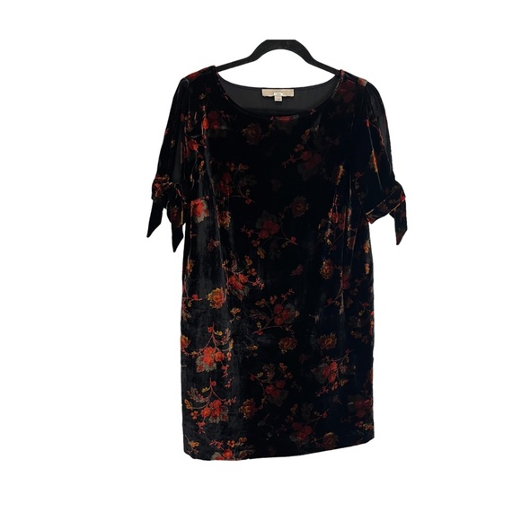 Loft Floral Velvet Black Red Split Short Tie Sleeves Dress Womens Size S - Picture 1 of 11